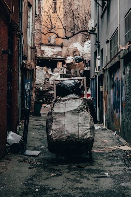 A narrow urban alleyway cluttered with a large, wheeled black garbage bag in the foreground, positioned on a dirty concrete surface. Behind it is a collection of various discarded waste including cardboard boxes piled up against a weathered wooden structure, black plastic bags, and miscellaneous debris. The alley is flanked by tall, aged buildings with graffiti on the walls and metal security bars on windows, suggesting a gritty city environment. Bare tree branches are visible overhead, indicating a colder season. The scene is lit with subdued natural light, emphasizing the disorder and accumulation of refuse, reflecting the context of outdoor rubbish disposal and private waste collection in an urban setting.