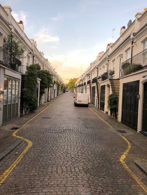A narrow cobblestone residential street lined with white terraced townhouses featuring black and dark brown doors, window frames, and wrought iron balconies. Several small trees and potted plants are visible alongside the buildings, adding greenery to the scene. A white van is parked in the middle of the street, which is marked with yellow double lines along the edges, indicating no parking zones. The street appears clean and well-maintained, with soft natural lighting, suggesting late afternoon or early evening. The scene reflects an urban environment suitable for local rubbish removal or private waste collection services, with the absence of visible commercial activity or large waste bins, indicating a quiet residential area accommodating discreet rubbish removal, possibly handled through independent collection. Rubbish Removal Belgravia’s service focus on discreet and efficient waste disposal for such private properties is supported by the tidy appearance and limited vehicular congestion in the image.